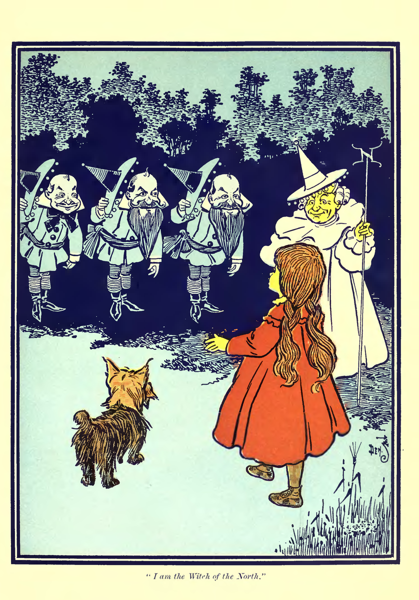 1/2. Дороти после прибытия встречают Ведьма Севера и манчкины. Рисунок У. Денслоу (1900)