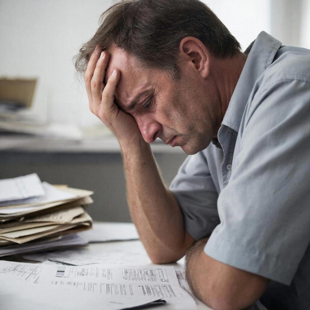 Человек в стрессе из-за долгов и звонков коллекторов. Путь к решению через суд.