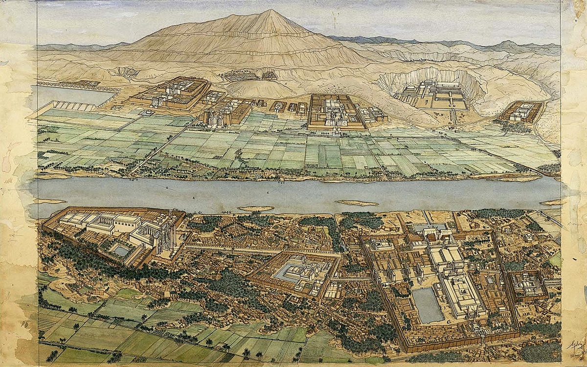 Панорама древних Фив (Луксор) при Рамсесе II (1279–1213 годах до н. э.), выполненная Жаном-Клодом Гольвином.  
Фивы были столицей Египта в периоды Среднего и Нового царств. Город разделен Нилом на две части: восточный берег (город живых) и западный берег (город мертвых). На восточном берегу расположены великие храмы Карнака и Луксора. На западном берегу находятся Долина царей и Долина цариц, а также заупокойные храмы.