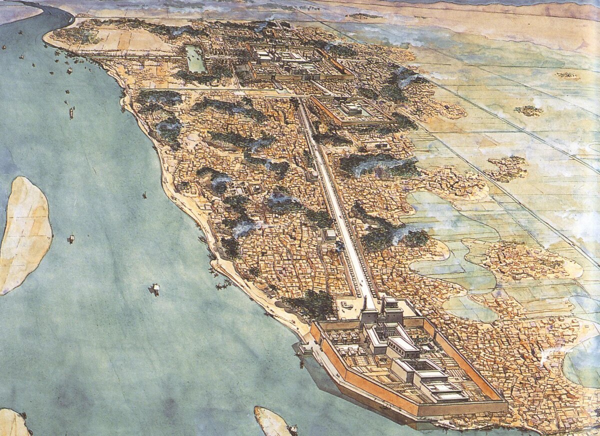 Художественная реконструкция древнеегипетского города Фивы (современный Луксор), созданная Жаном-Клодом Голвином. 
Реконструкция показывает Фивы примерно в XIII веке до н. э. Город расположен на восточном берегу Нила, который виден слева на изображении. Два основных храмовых комплекса, Луксорский и Карнакский, соединены длинной процессионной аллеей (дромос) с рядами сфинксов. Фивы были известны древним египтянам как Уасет или Ниут («Город») и были важным городским центром. 