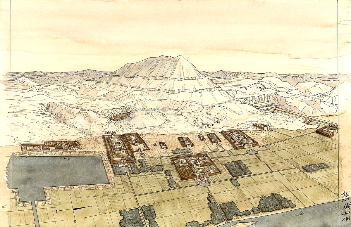 Художественная реконструкция древнеегипетского поселения Дейр-эль-Медина в Западных Фивах, созданная Жаном-Клодом Голвином. 
Дейр-эль-Медина было домом для ремесленников, работавших над гробницами в Долине царей и Долине цариц в период Нового царства. Поселение было окружено стеной, за которой находились узкие улочки и плотно прилегающие друг к другу дома из сырцового кирпича. На заднем плане возвышается гора, известная как Эль-Курн, вершина которой имеет форму пирамиды и считалась священной для богини Хатхор.