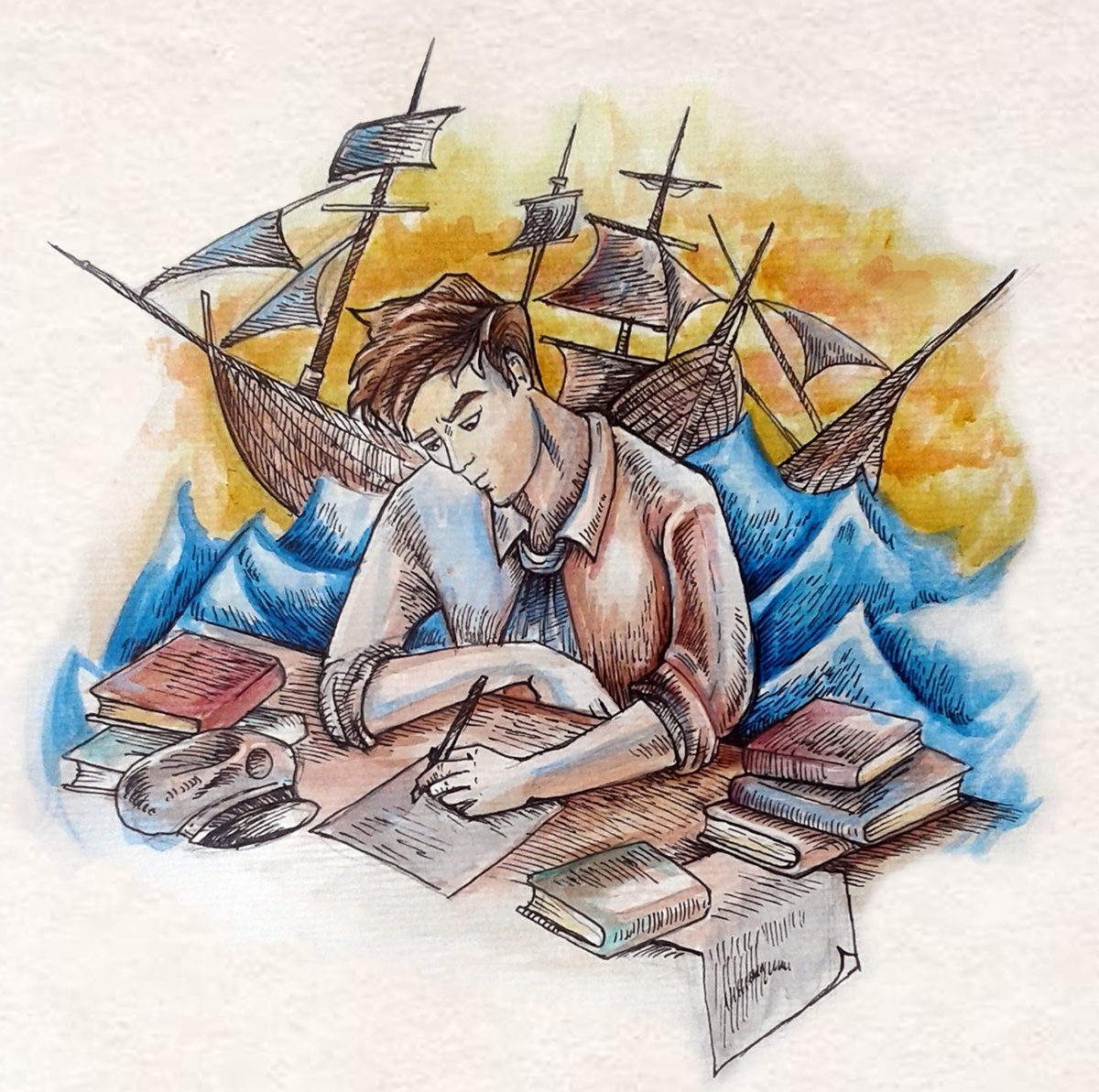 Рисунок с просторов интернета. Автора так и не нашла, а у себя публикуют его многие. Чья-то иллюстрация к роману "Мартин Иден", хотя и просто для заставки к разговору о Джеке Лондоне и его книгах очень подходит.