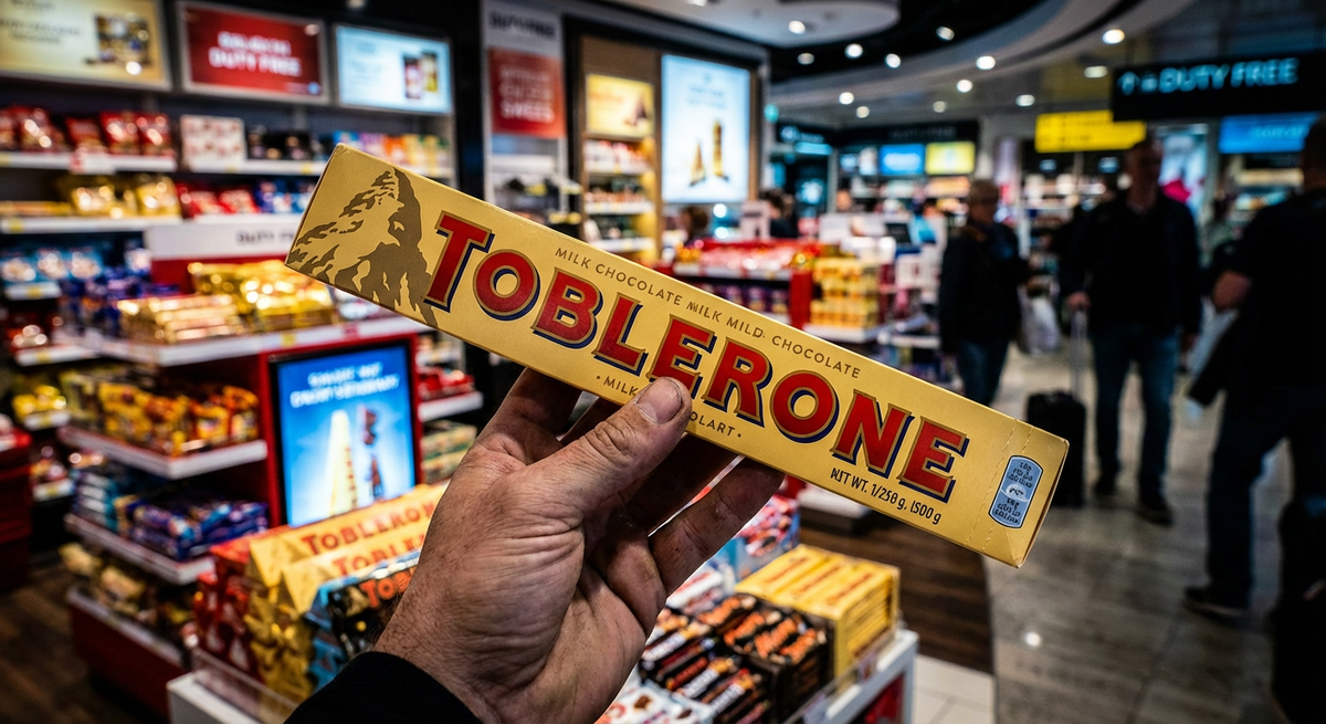 Шоколад Toblerone в руках покупателя в магазине беспошлинной торговли, ассортимент сладостей в аэропорту.