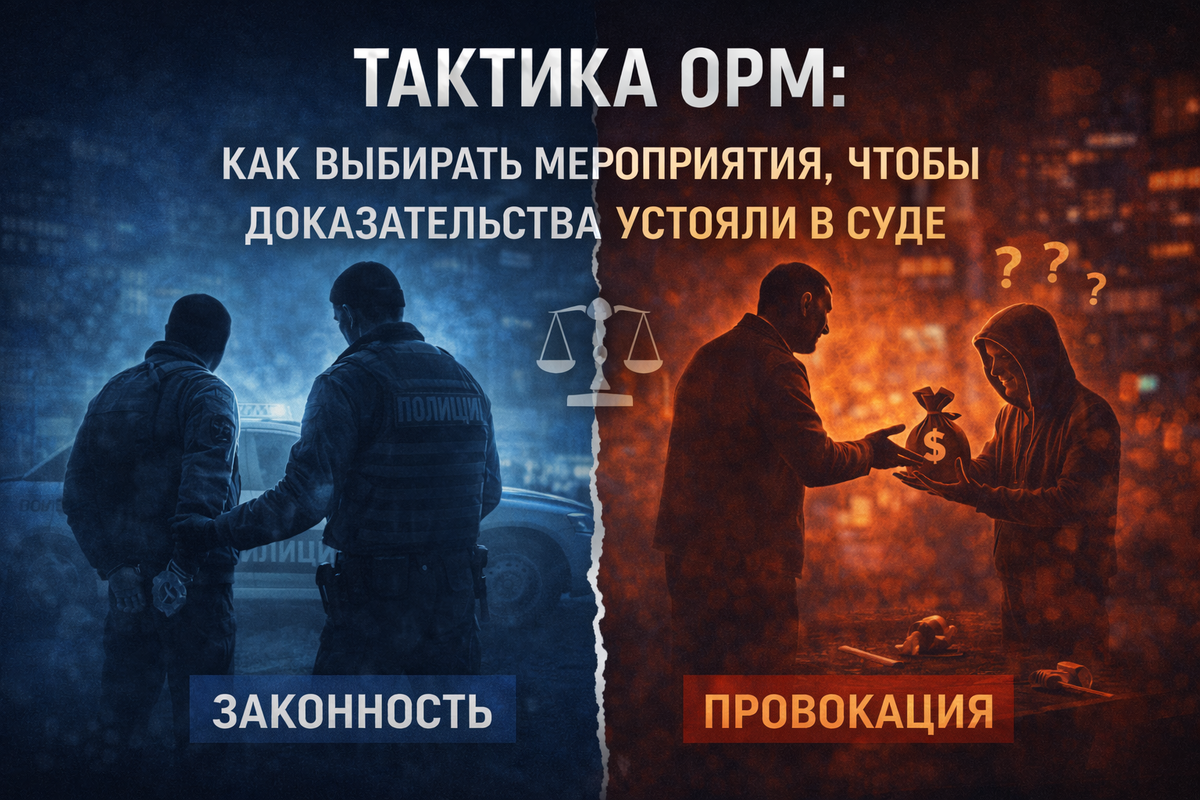 Иллюстрация к статье о тактике оперативно-разыскных мероприятий: визуальное противопоставление законных действий и провокации. Слева — сцена официального задержания в холодной синей палитре, символизирующая процессуальную законность. Справа — тёплая тёмная сцена неформального взаимодействия, обозначающая риск провокации.