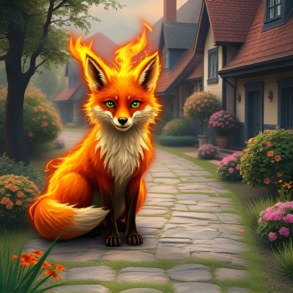 Огненный лис Фантик дарит добро согревает хозяина своим теплом. В галерее иллюстрации созданы нейросетью для онлайн генерации картинок dezgo.com.