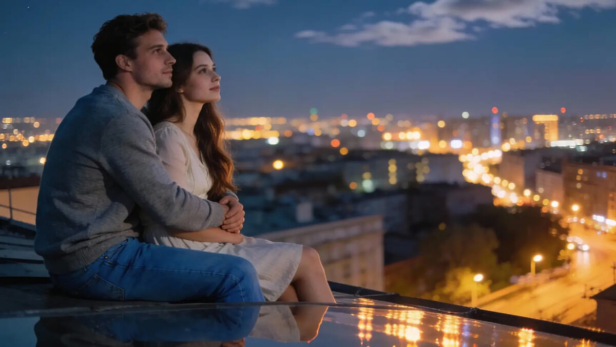 Влюбленная пара наблюдает за ноным городом
