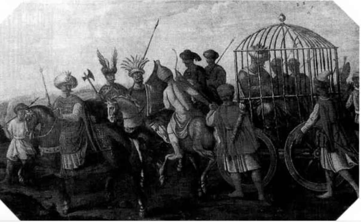 Баязид I в клетке после пленения Тамерланом в битве при Анкаре, 1402 год.