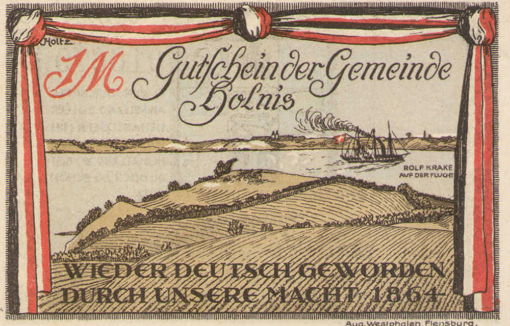Нотгельд общины Хольнис. 1 марка, 1920. Уплывающий датский корабль "Rolf Krake", символизирующий исход плебисцита.
