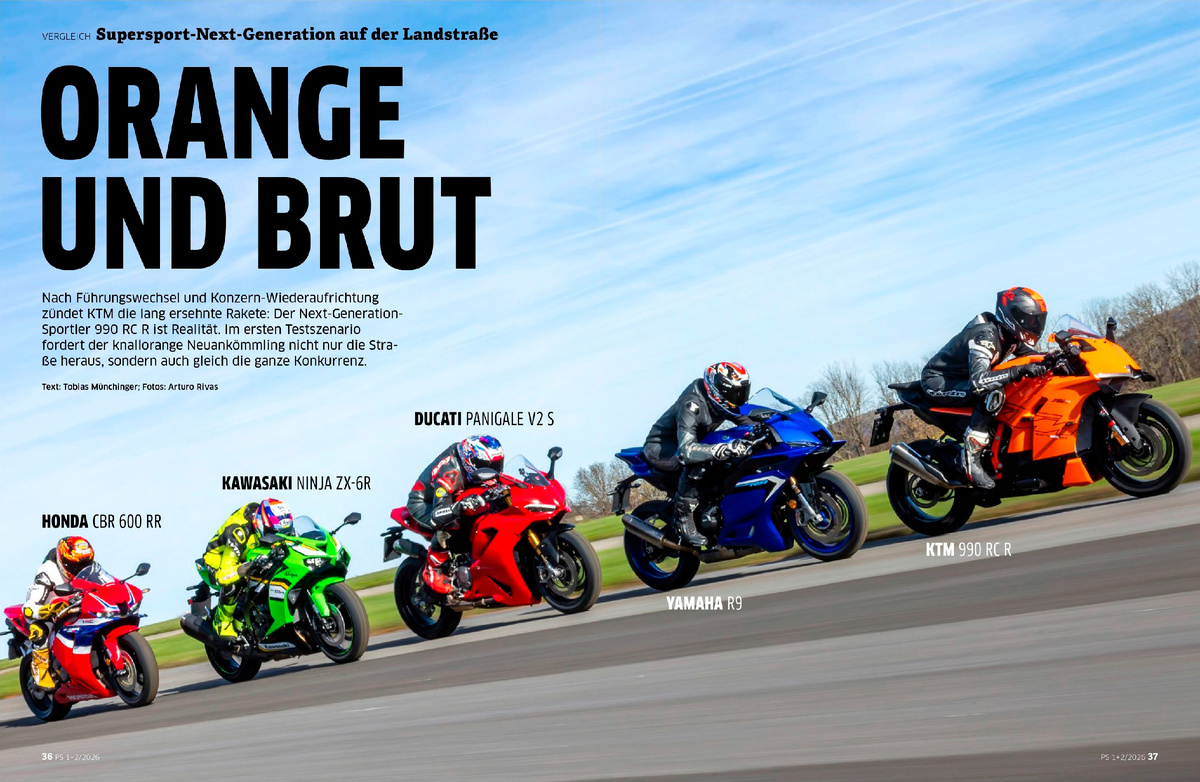После смены руководства и корпоративной реструктуризации компания KTM выпустила свою долгожданную ракету: спортивный мотоцикл нового поколения 990 RC R наконец-то стал реальностью. В своих первых испытаниях ярко-оранжевая новинка бросает вызов не только дороге, но и всей конкуренции.