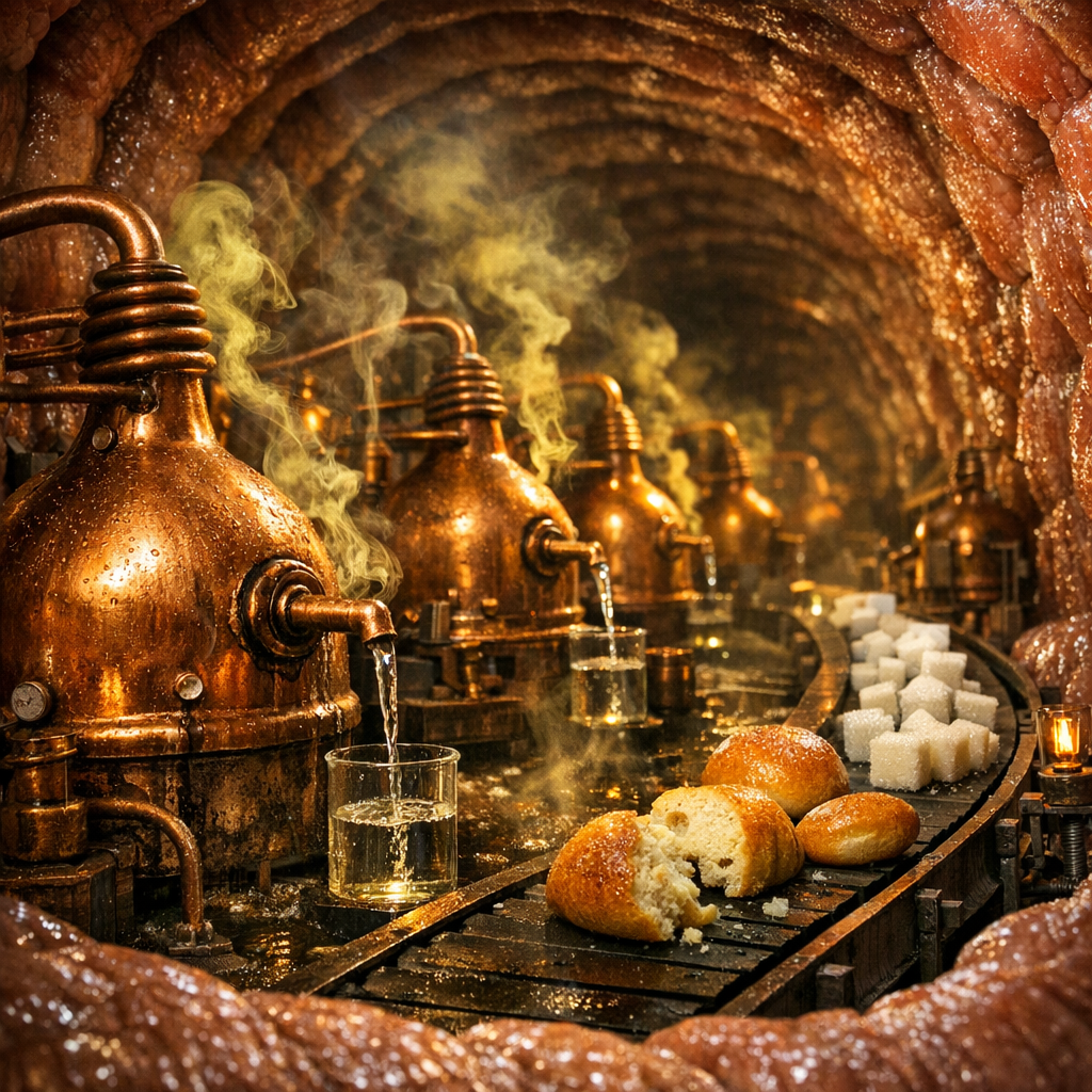 «Пока вы наслаждаетесь десертом, внутри может работать цех по перегонке. Дрожжевые грибки превращают каждый съеденный углевод в этанол и ядовитый ацетальдегид. Ваш мозг получает дозу, даже если вы не пили ни капли.»