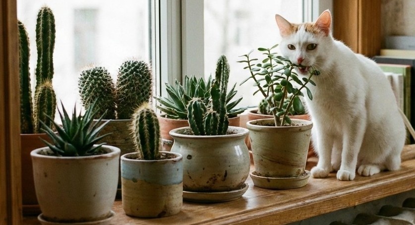 Муся покушается на денежное дерево и кактусы