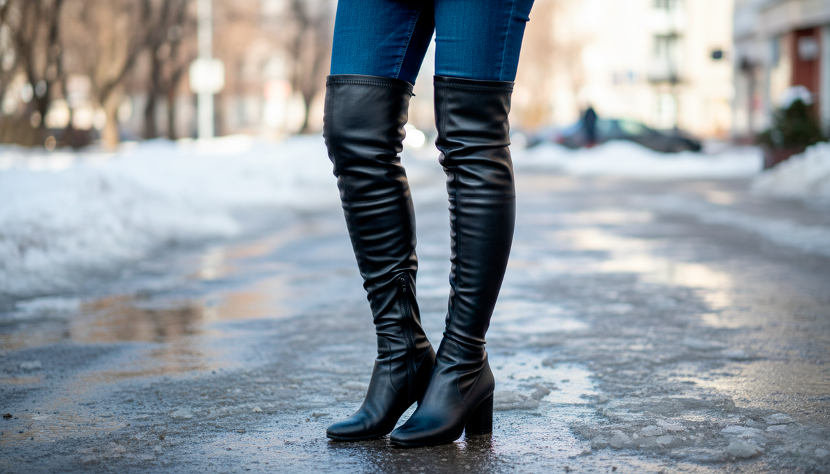 Ботфорты-чулки во всей красе! Видите, как они облегают ногу от щиколотки до бедра? Эффект "колбасы" налицо. Даже стройные ноги в таких сапогах выглядят толстыми и короткими. Мягкая кожа подчёркивает каждую выпуклость. Это не элегантность, это ошибка!