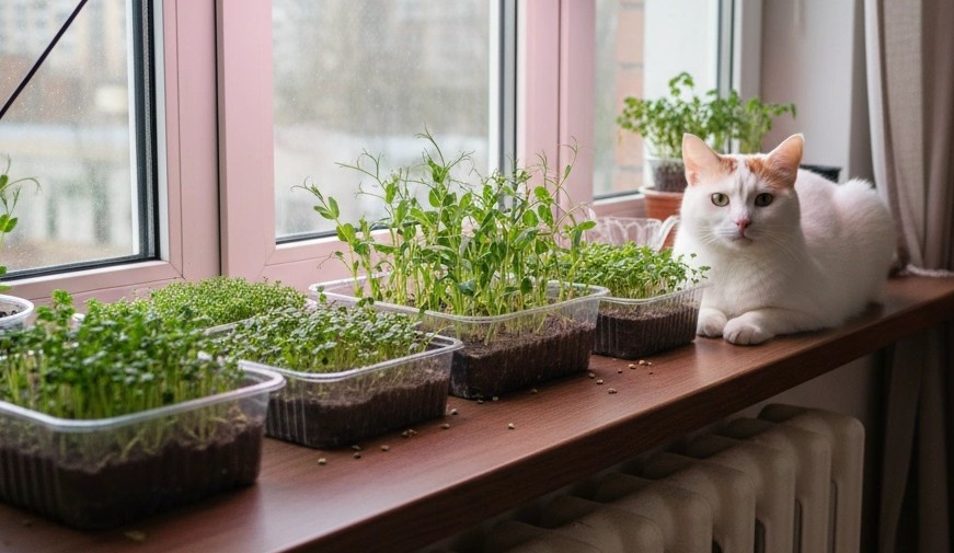 Муся наблюдает за ростом микрозелине на подоконнике