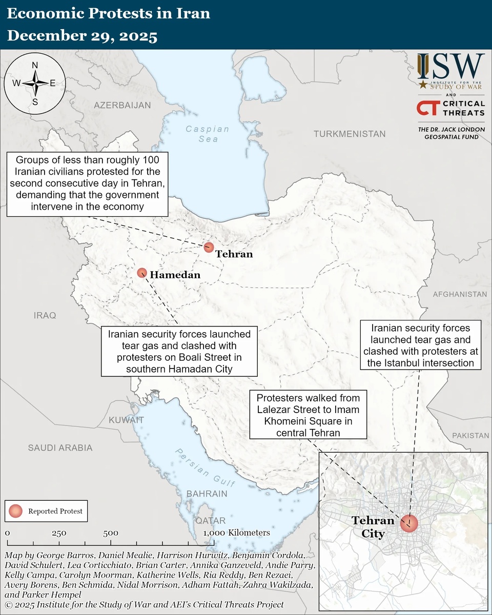 Карта протестов в Иране 29 декабря 2025 года. Источник: Американский Институт Изучения Войны. 
