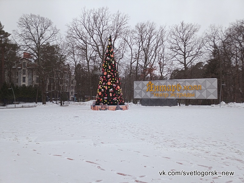 Светлогорск, площадь перед театром эстрады "Янтарь холл" с новогодней городской елкой