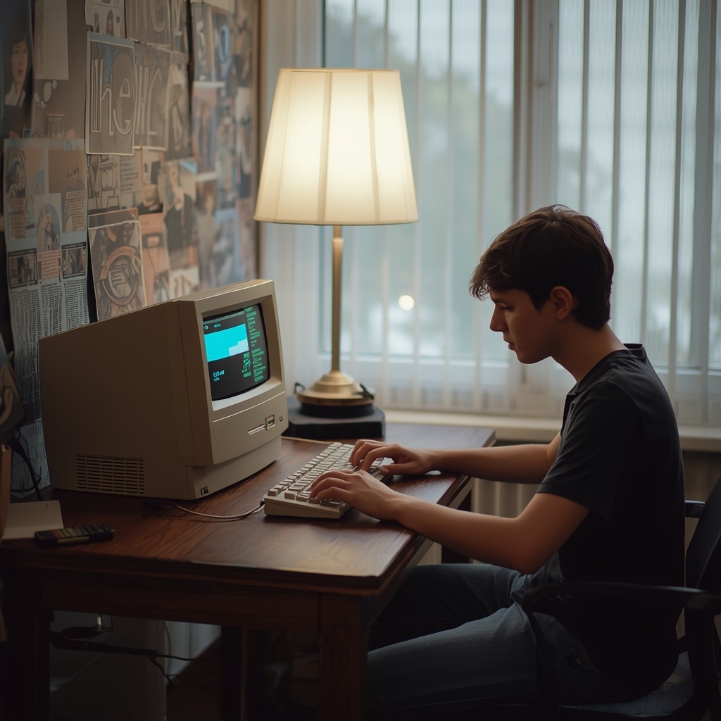 Скрипучая клавиатура с оторванной клавишей «Enter», монитор с полосой по центру и учебник по BASIC на русском.