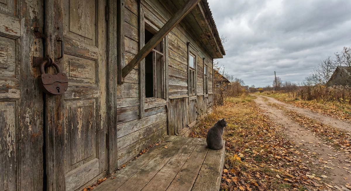 Осень на пороге забытого дома. Тяжелый замок хранит тайны прошлого, а верный серый страж всё еще всматривается в даль. В его взгляде — не просто ожидание, а тихая надежда, которая не гаснет даже под серым небом