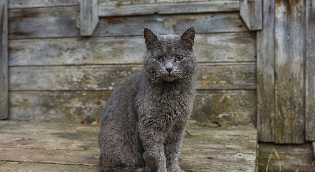 Дом заперт, но он не пуст. Здесь осталась душа — маленький серый кот, для которого это крыльцо всё ещё целый мир. Он ждет того, кто повернет ключ.