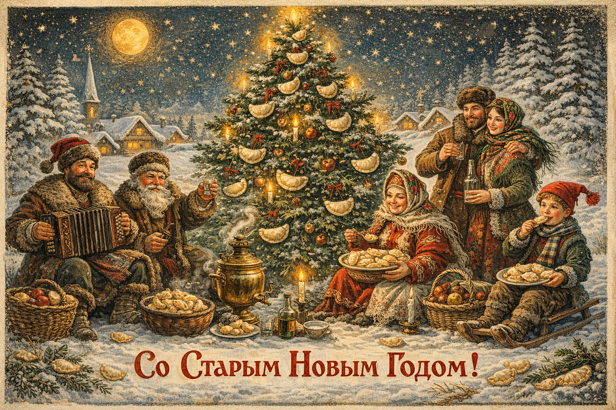 Открытка со старым новым годом с варениками на ёлке :)