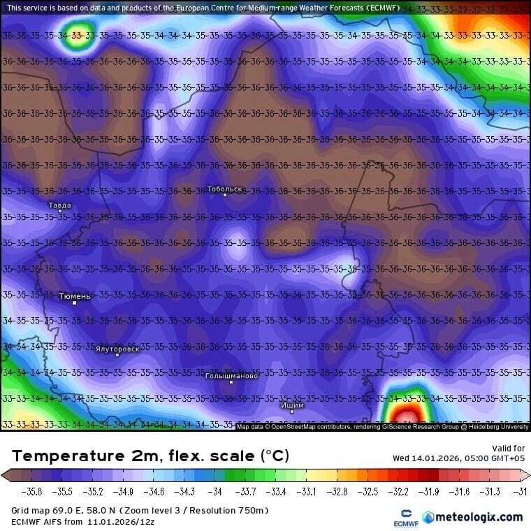    Прогноз температур воздуха на территории Тюменской области на 14 января, 5:00 утра.   Илья Винштейн