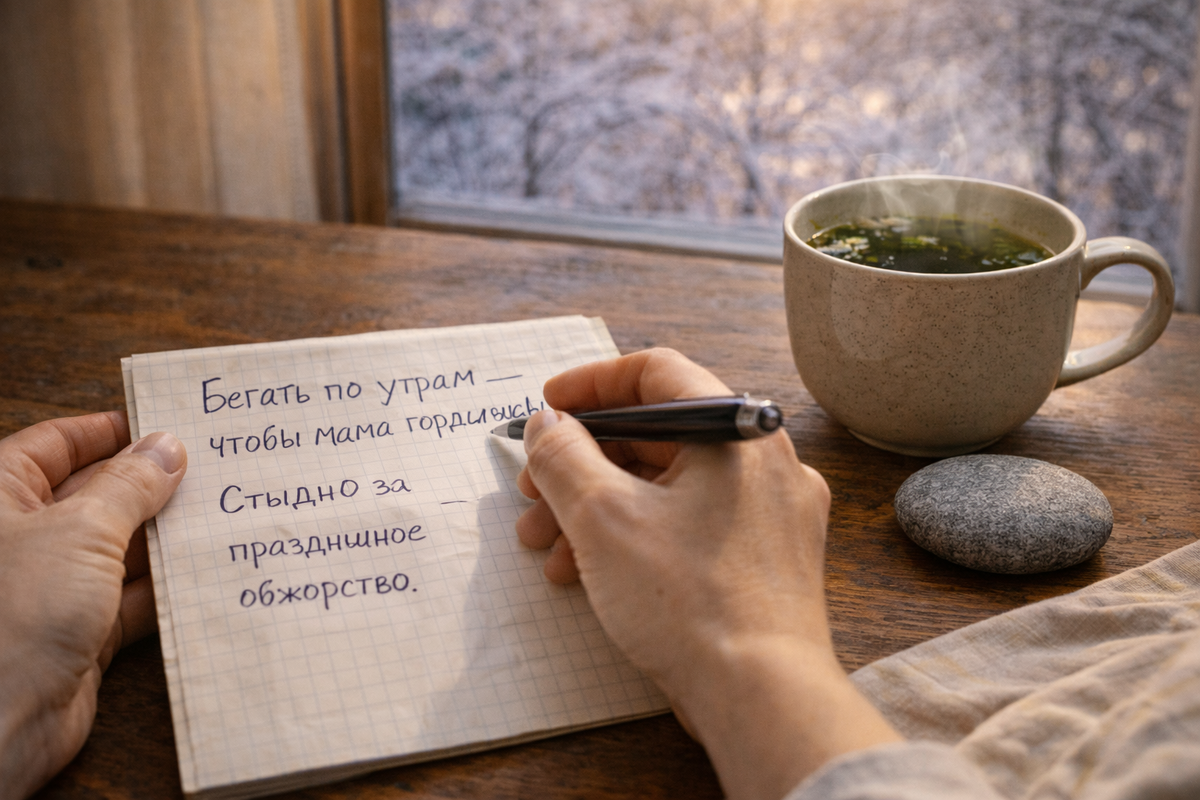 «Крупный план женских рук с короткими ногтями, сидящих за деревянным столом у окна. На листе в клетку честно написано: “Бегать по утрам — чтобы мама гордилась. Стыдно за праздничное обжорство”. Рядом — чашка травяного чая с паром, за окном — январский снег на ветках. На столе — маленький гладкий камень как символ мягкости. Стиль: документальная домашняя фотография, видны помарки на бумаге и естественные складки на ткани. Цвета: приглушённый бежевый стола, глубокий синий снега, тёплый янтарь света из окна. Эмоция: честность и уважение к себе, а не идеальный порядок и строгие правила».