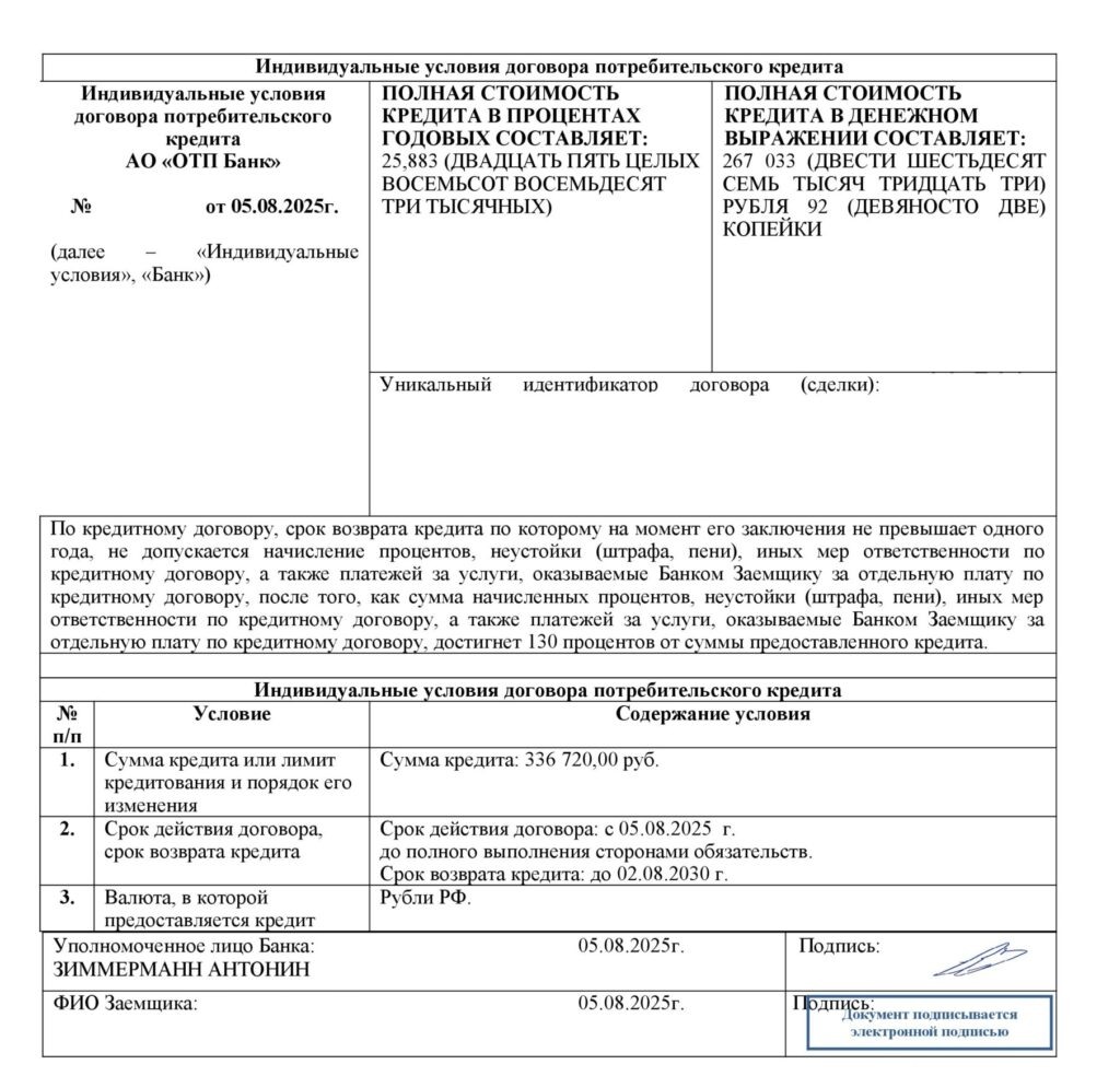 Кредитный договор АО "ОТП Банк"