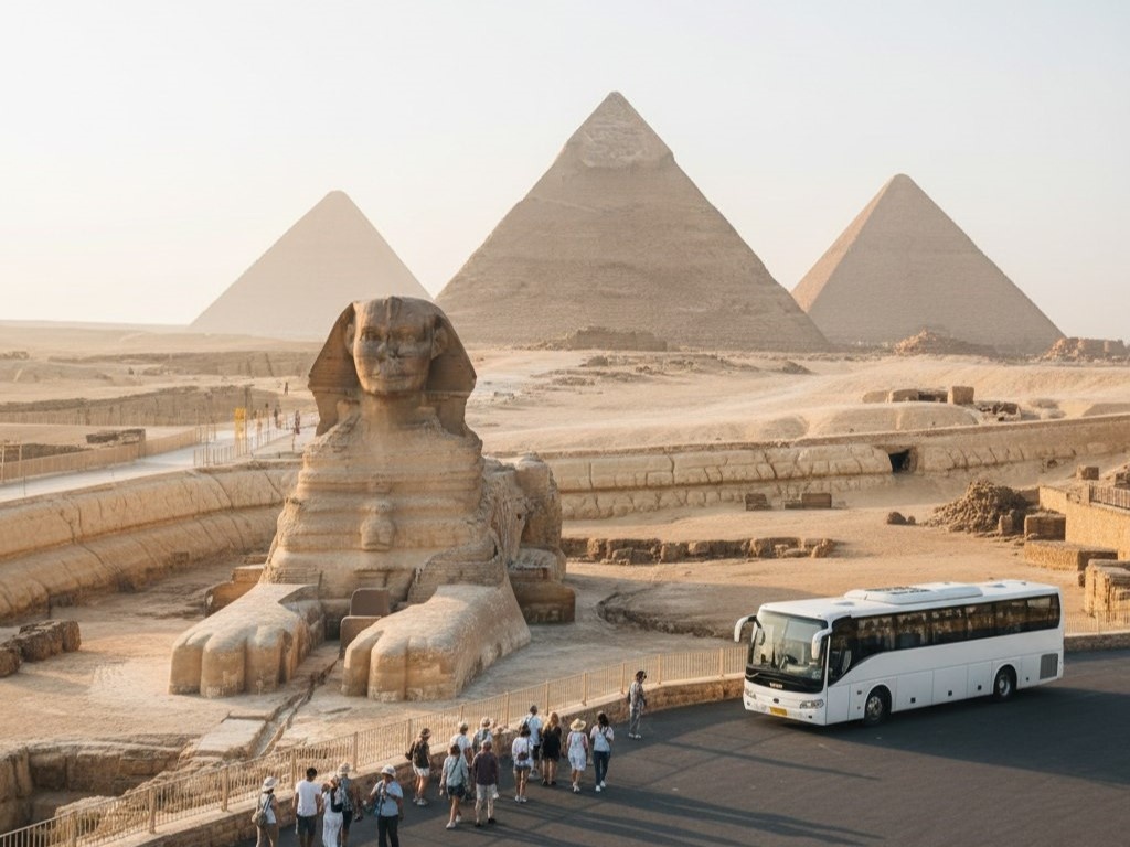 Пирамиды Гизы и Сфинкс на фоне горизонта