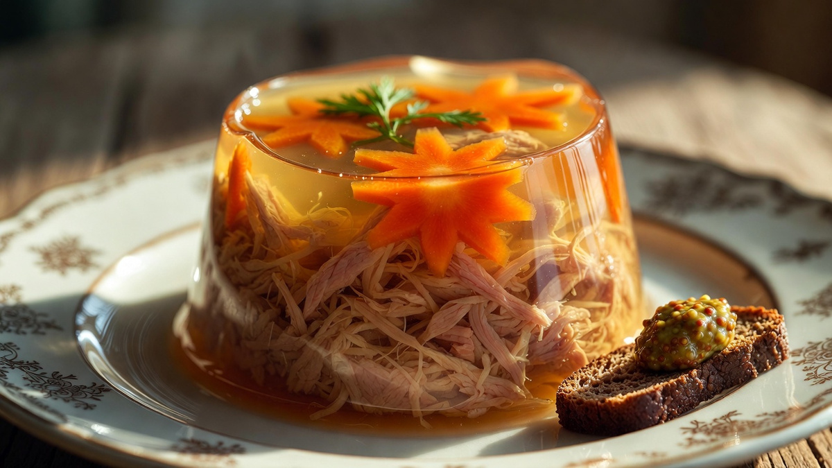 Идеальный холодец на красивой винтажной тарелке.