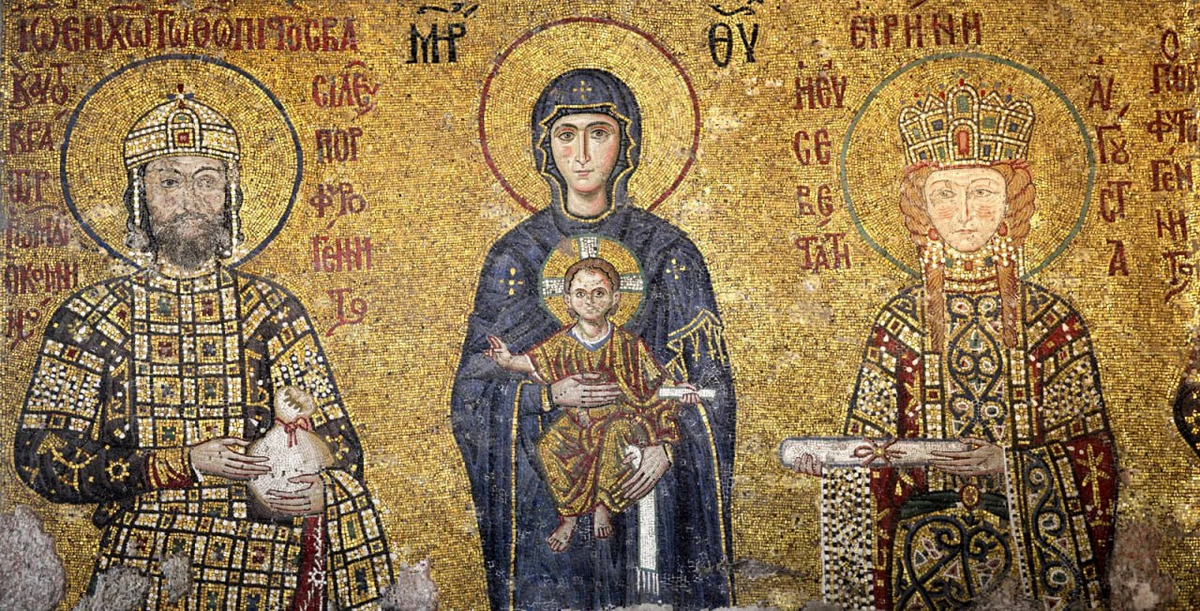 Иоанн II Комнин и императрица Ирина. Мозаика собора св. Софии в Константинополе. Взято из Википедии.