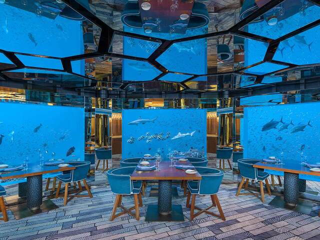 Ужин в подводном ресторане в отеле на Мальдивах. Реклама. ООО «Тревел Технологии». ИНН 7731340252.