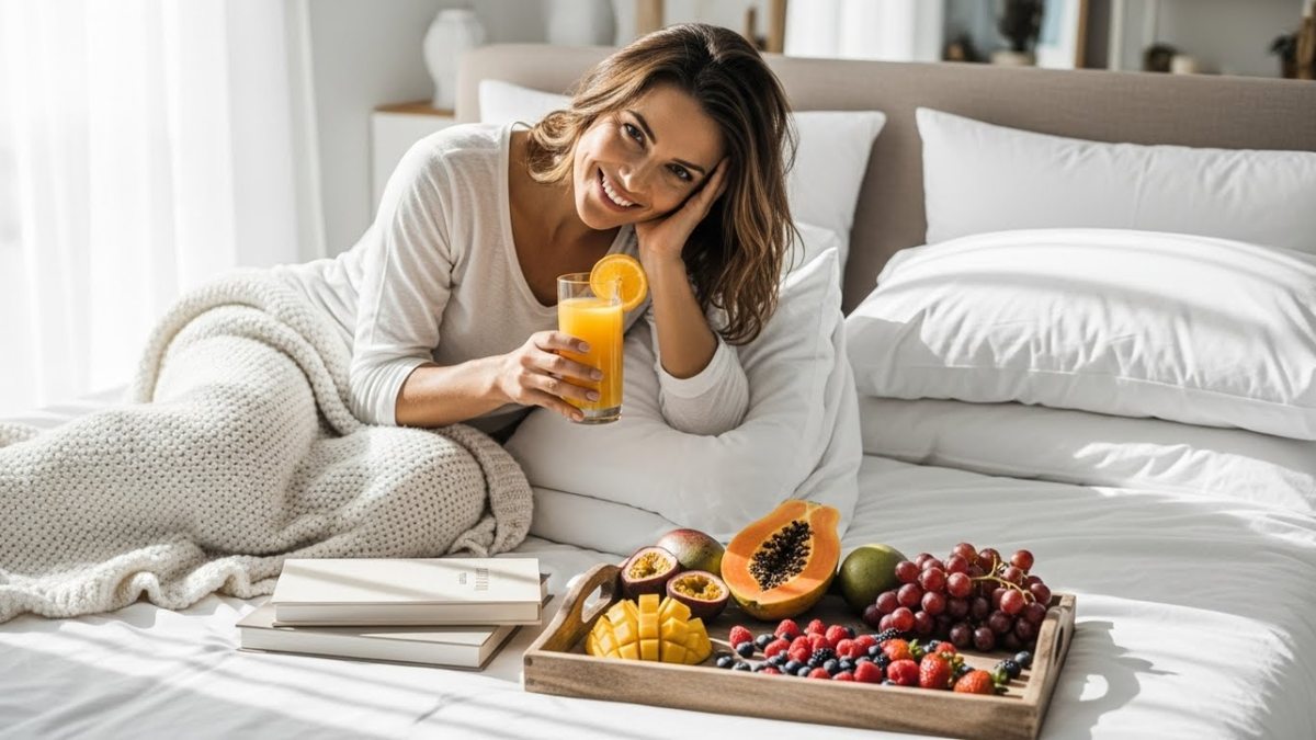 Девушка в уютной обстановке наслаждается соком.