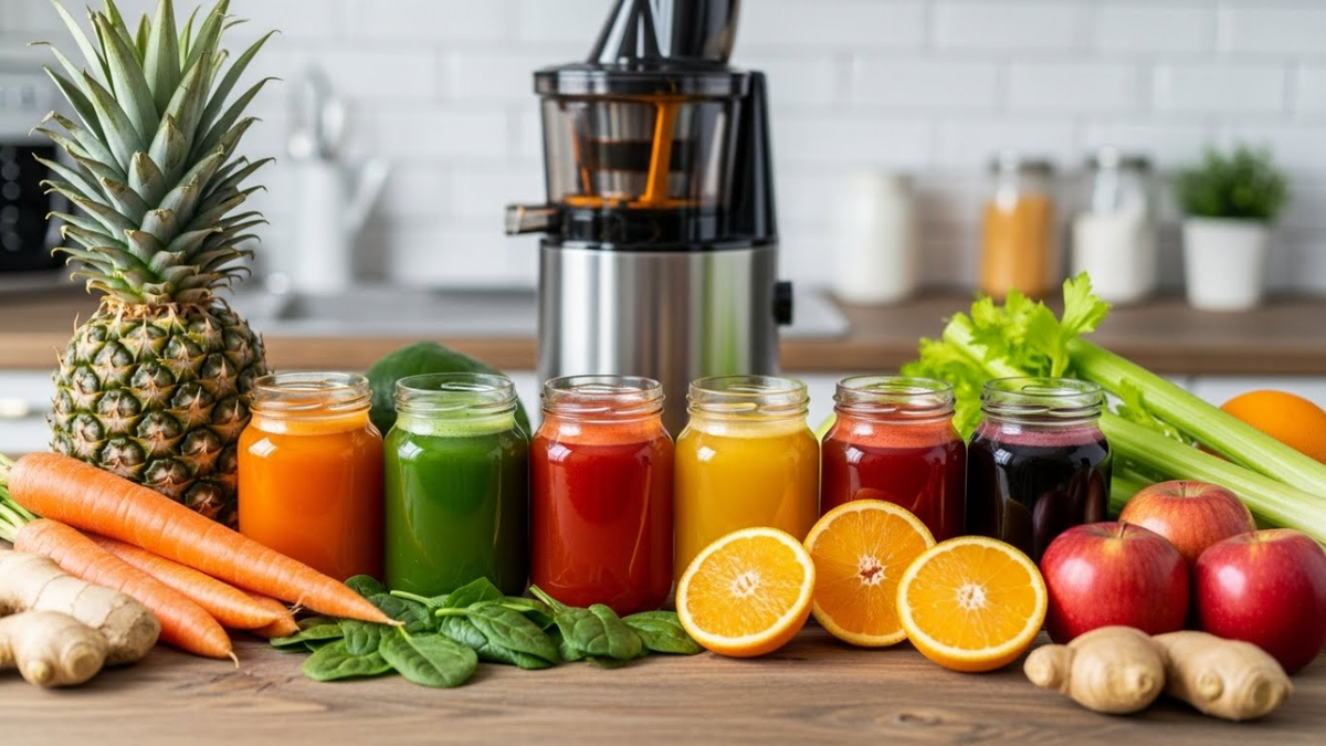 Семь разных по цвету соков в стеклянных баночках или стаканах, окруженные свежими фруктами и овощами, из которых они сделаны.