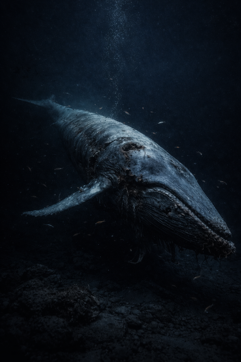 Мертвый кит опускается на океанское дно в темной воде