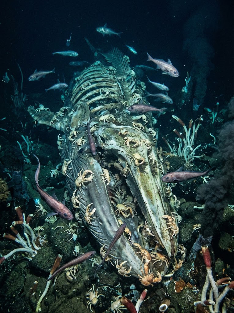 Глубоководные крабы и рыбы поедают тушу кита на океанском дне