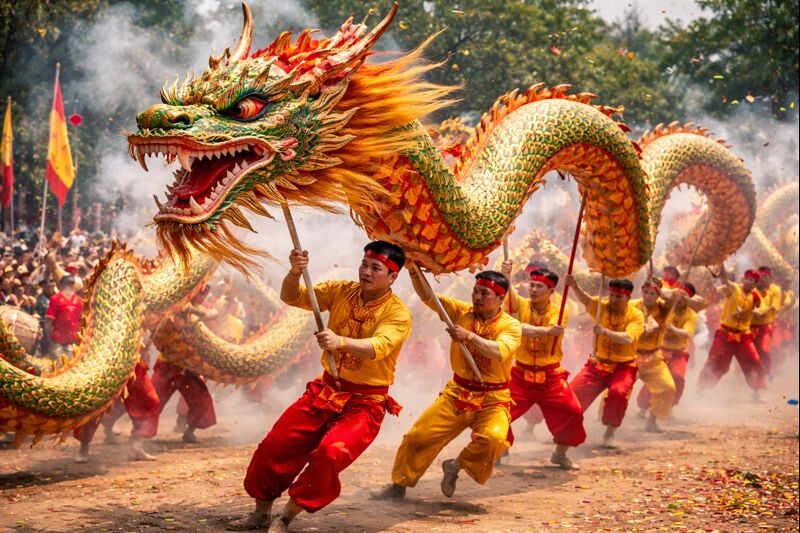 Танец с драконами (Муа Ронг). Изображение сгенерировано нейросетью ChatGPT.