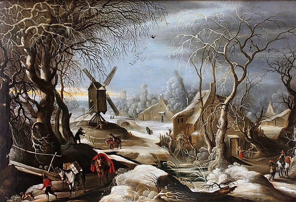 Зимний пейзаж с ветряной мельницей, 16 в. Частная коллекция