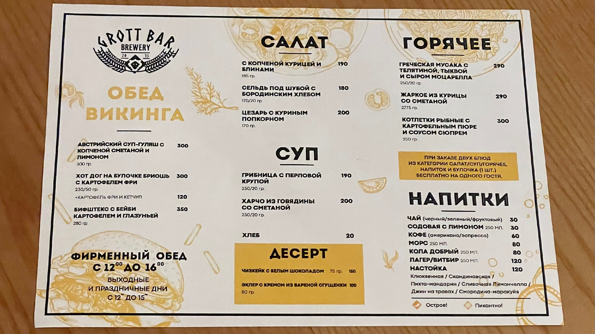 Меню бизнес-ланча в день посещения