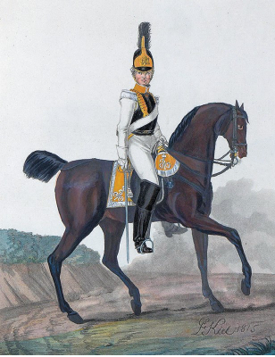 Слева: штаб-офицер Астраханского кирасирского полка. Рисунок Л.И. Киля. 1821. В центре: рядовой Астраханского кирасирского полка. Рисунок 1980-х гг. Справа: оберофицер Астраханского кирасирского полка. Рисунок Л.И. Киля. 1821