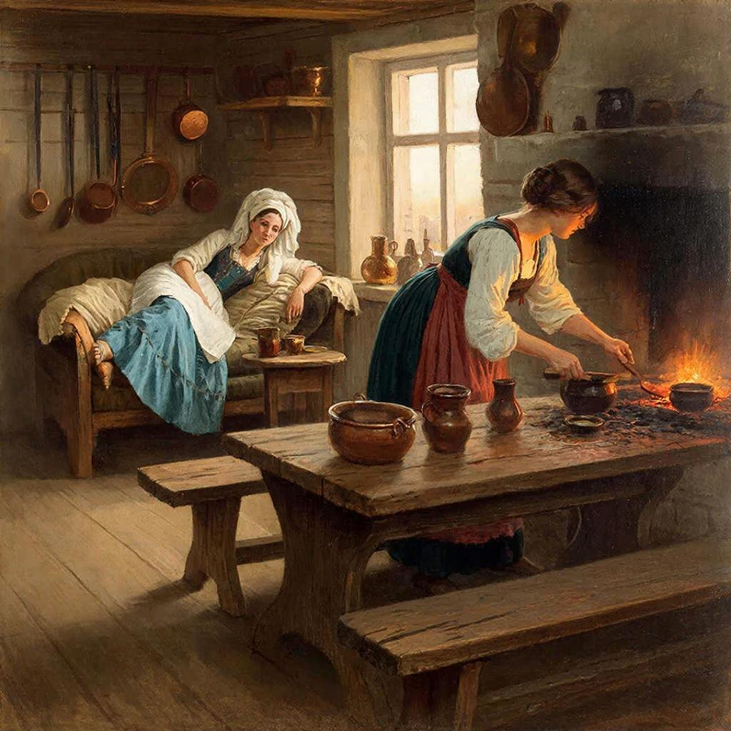 Ленивая Стряпуха и её хозяйка. Картинка сгенерировано нейросетью GigaChat по запросу автора.