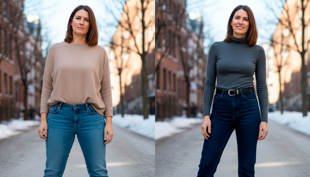 Одна женщина, два образа. Слева — заниженная талия, топ навыпуск, фигура расплылась, ноги короткие, плюс 10 кг визуально. Справа — высокая талия, рубашка заправлена, силуэт собран, ноги длинные, минус 10 кг. Вот что делают правильные джинсы!