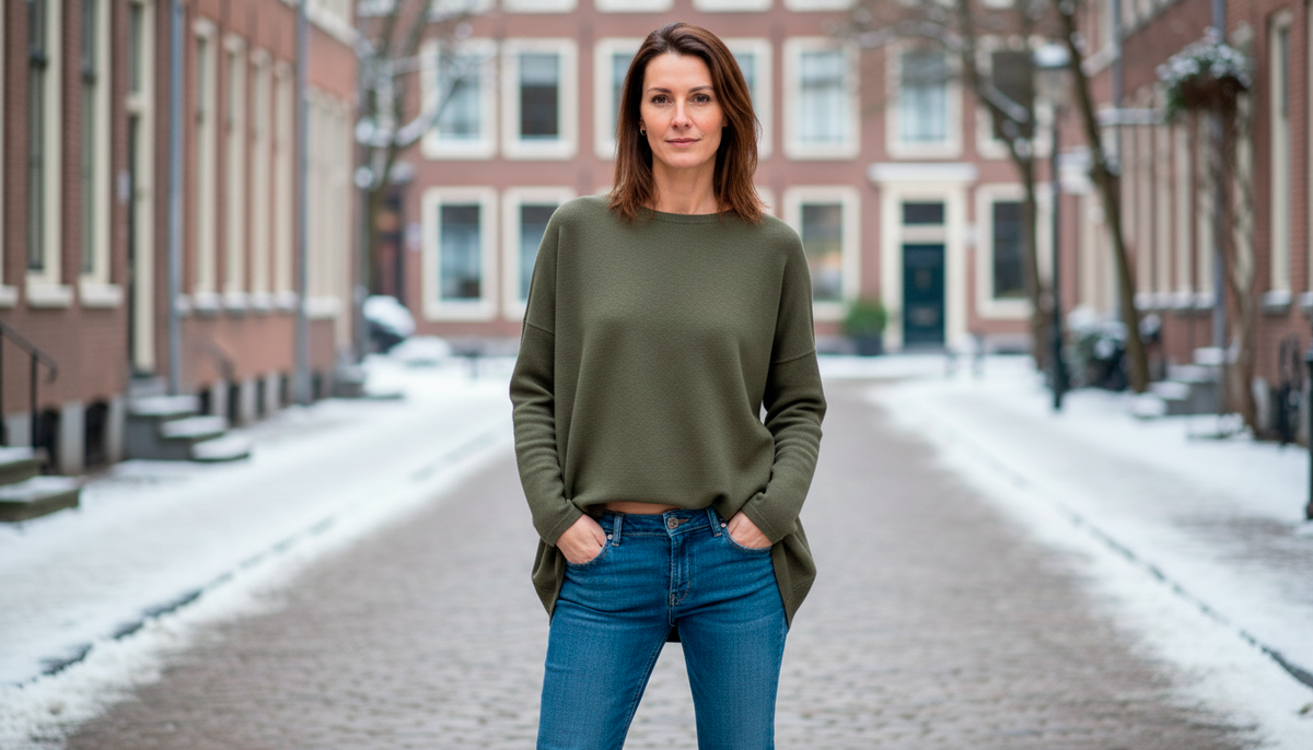 Заниженная талия в действии. Пояс сидит на бёдрах, живот вылез наружу, образовался "валик", даже у стройной женщины. Топ навыпуск только усугубляет — живот и бёдра слились в одно пятно. Ноги визуально короткие, торс длинный. Пропорции убиты.