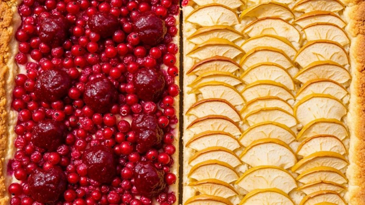 Посмотрите, как эффектно выглядит контраст: одна половина пирога усыпана яркой рубиновой смородиной, а вторая — золотистыми ломтиками яблок. Идеальный дуэт для семейного чаепития.