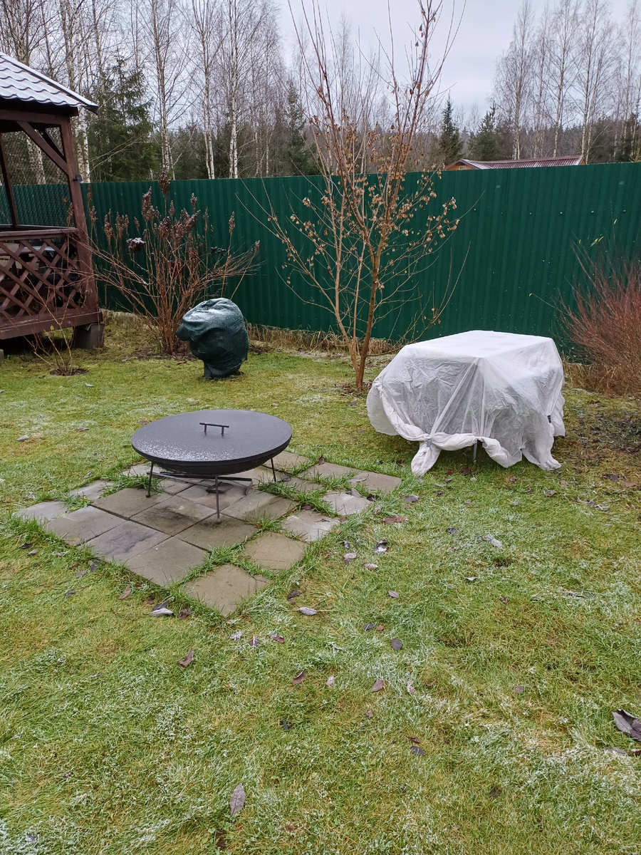 Закрыли растения. Слева - тую обмотали сеткой, справа соорудили укрытие для можжевельника из туристического стола и укрывного материала. Фото из архива авторов.