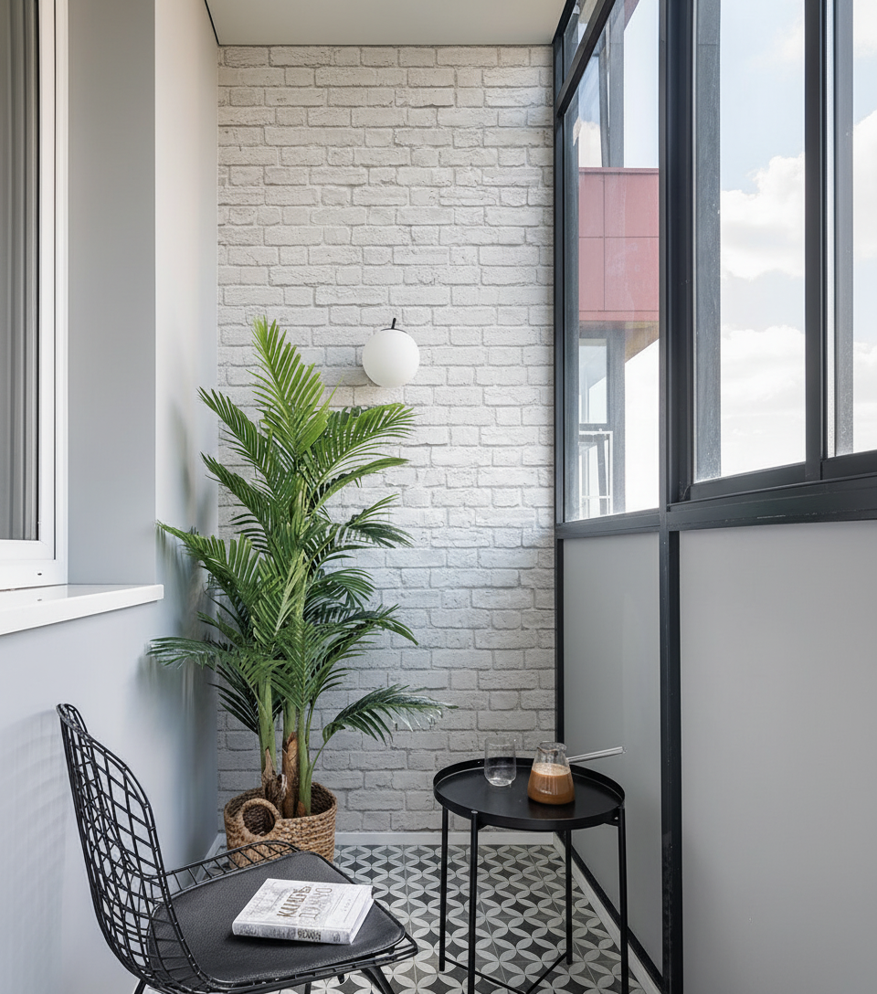 Пример обустройства рабочего места на лоджии. Отделка стены - флизелиновые фотообои VEROL. Артикул на WB: 257937036.