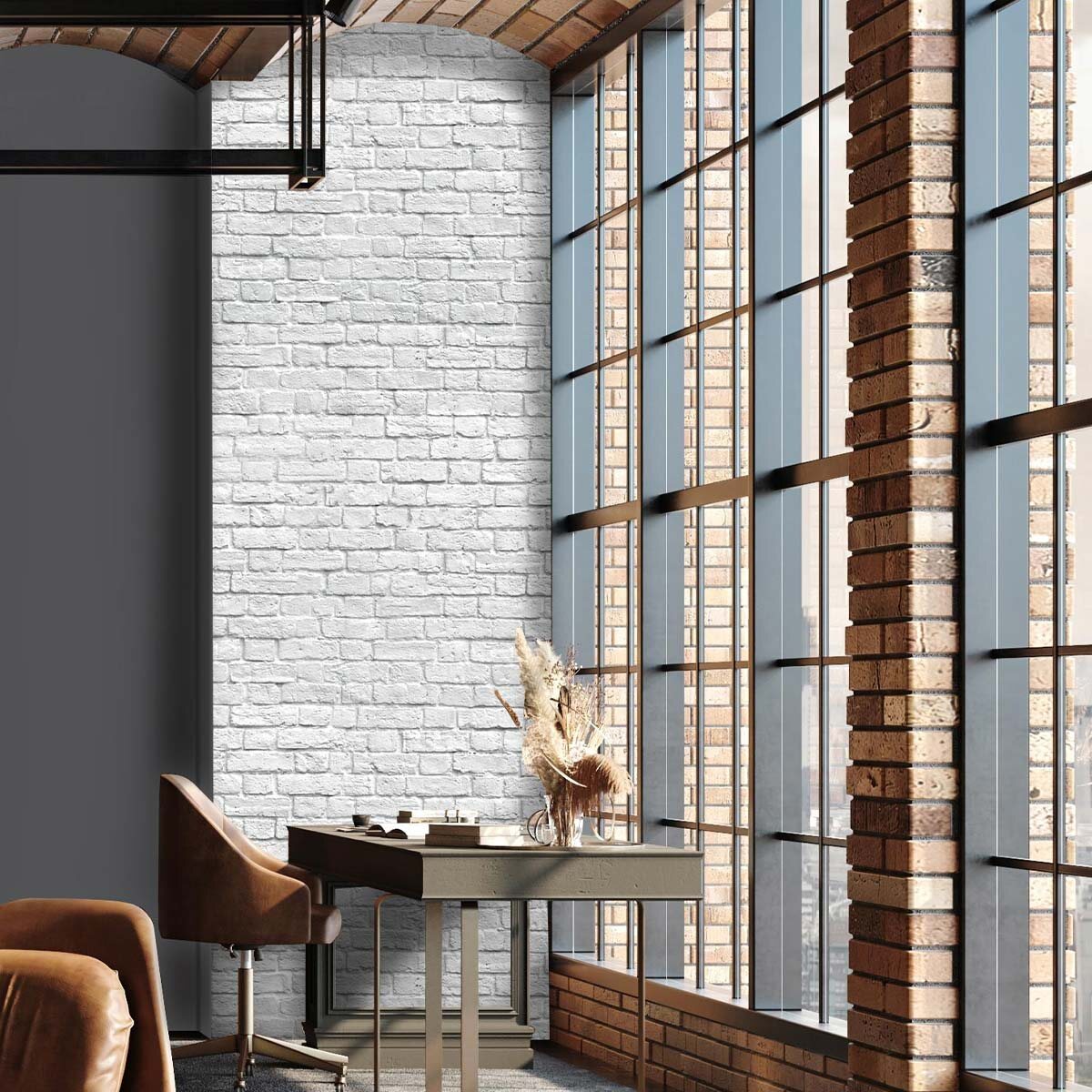 Пример обучтроенной зоны отдыха у витражных окон. Отделка стены - флизелиновые фотообои VEROL. Артикул на WB: 257937036.