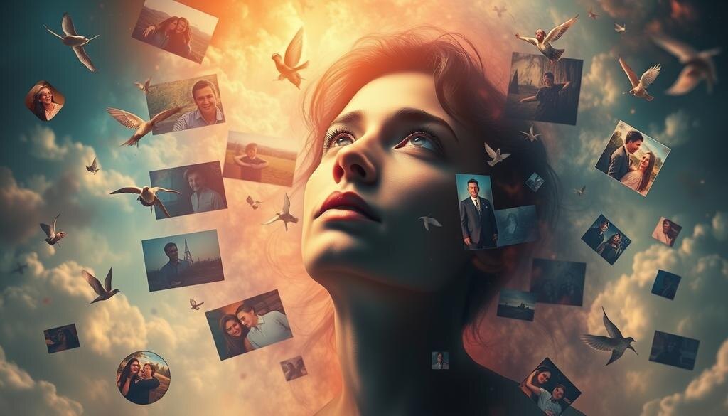    Иллюстрация, изображающая концепцию гипертимезии, где человек визуализирует свои воспоминания в форме ярких сцен из прошлого.