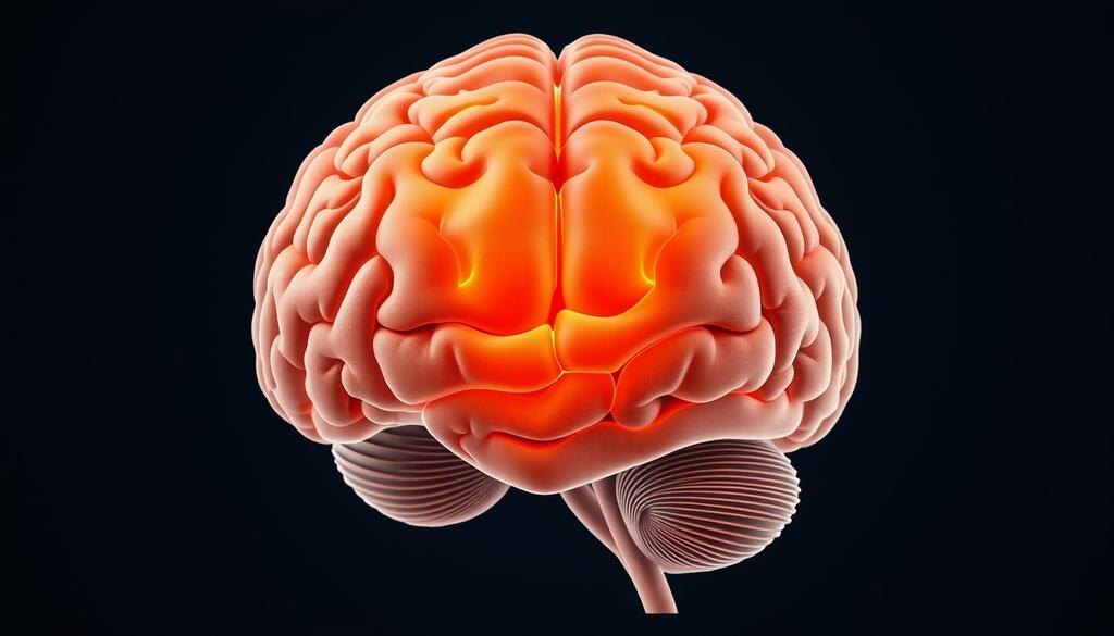    Изображение, демонстрирующее мозг человека с акцентом на височные доли и хвостатое ядро, иллюстрируя анатомические особенности, связанные с гипертимезией.