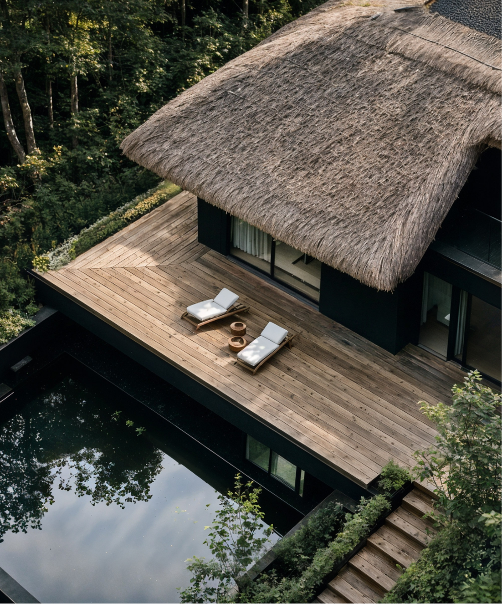 Лесная вилла с соломенной кровлей. Рендер: KNKO