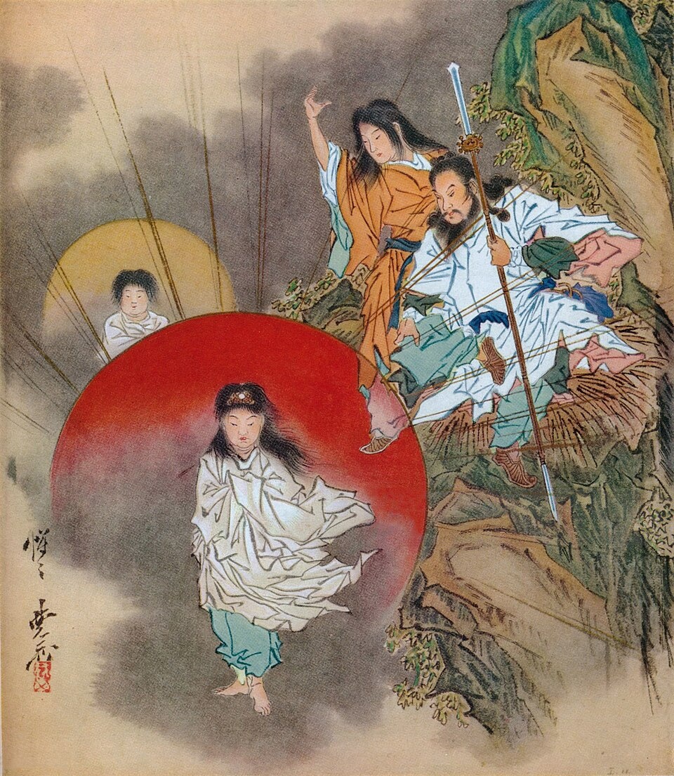 "Инсталляция Богини Солнца (Аматэрасу)". Справа изображены легендарные божественные родители Идзанами и Идзанаги. По мотивам произведения Каванабэ Кесаи (1831-1889). Сделано примерно в 1870 году неизвестным художником и заснято на пленку для журнала "Знаток" в 1925 году.