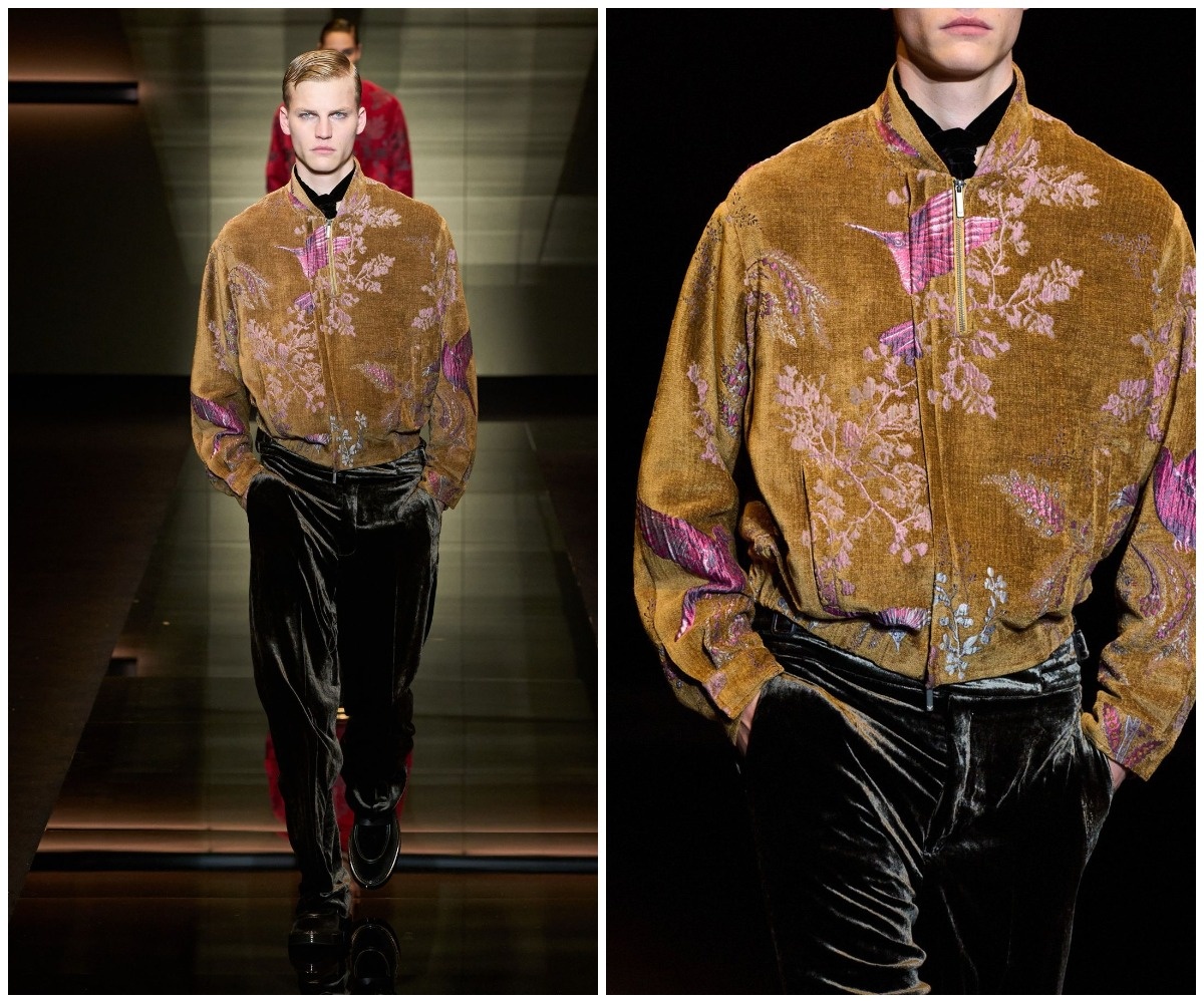 Вышивка на велюровом бомбере Emporio Armani